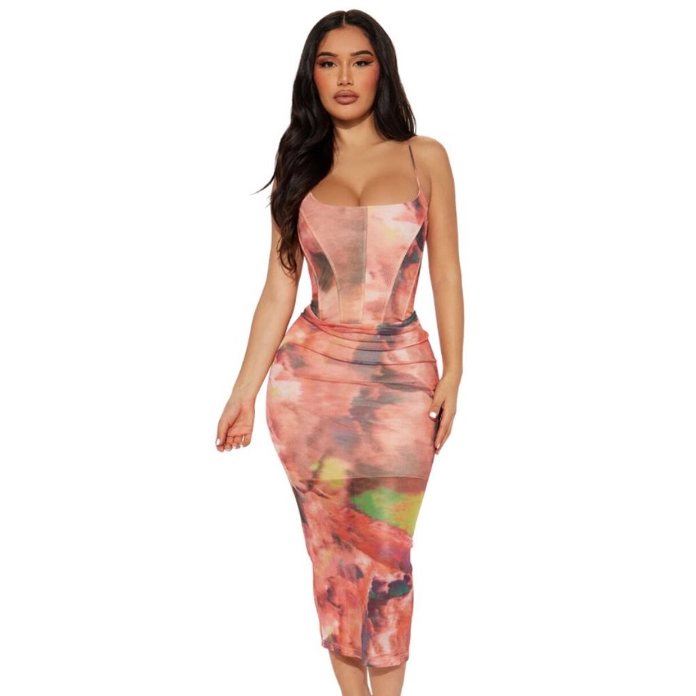 Large Fashionova Roxanna Corset Mesh Midid Dress Multi Color